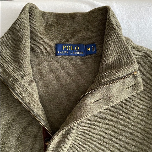 POLO Ralph Lauren 100% cotton Khaki Quarter-Zip Sweater suede elbows button neck - Picture 4 of 16